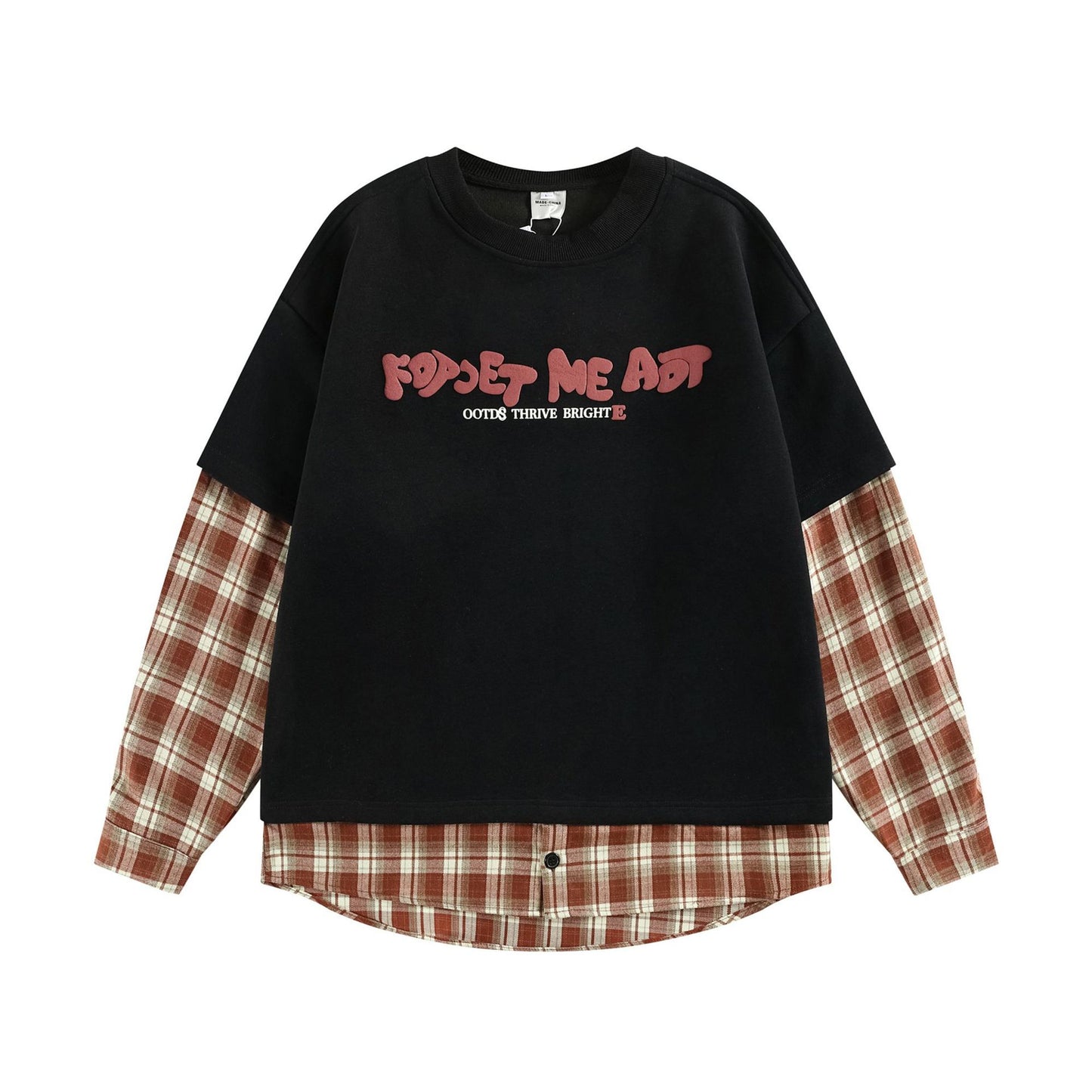 Modish  Street Style Plaid Splicing Fake Two-Piece Loose Hoodie