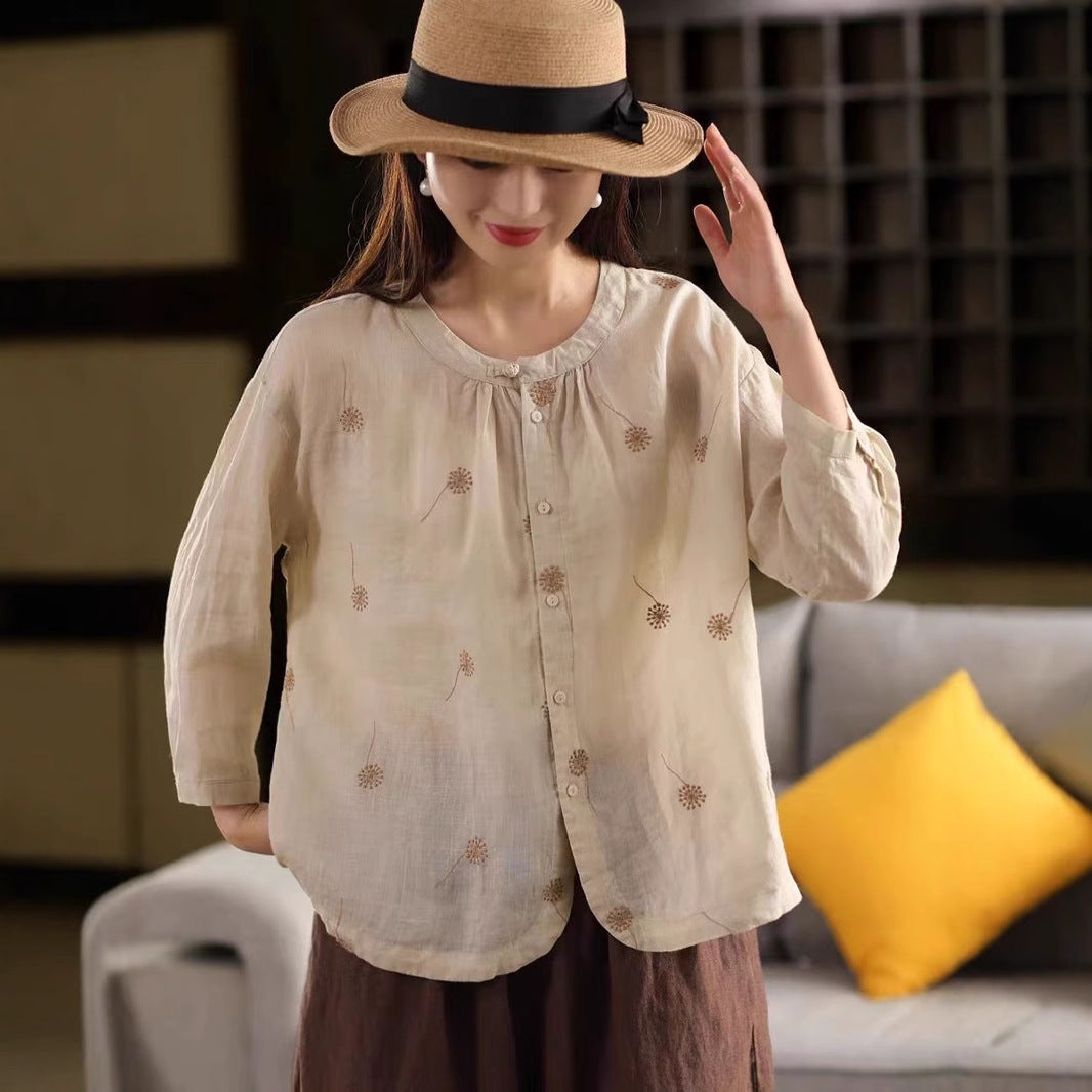 Vintage Button-Down Stand Collar Embroidered Ramie Non-Sheer Shirt Literary Floral Blouse Thin Summer Top