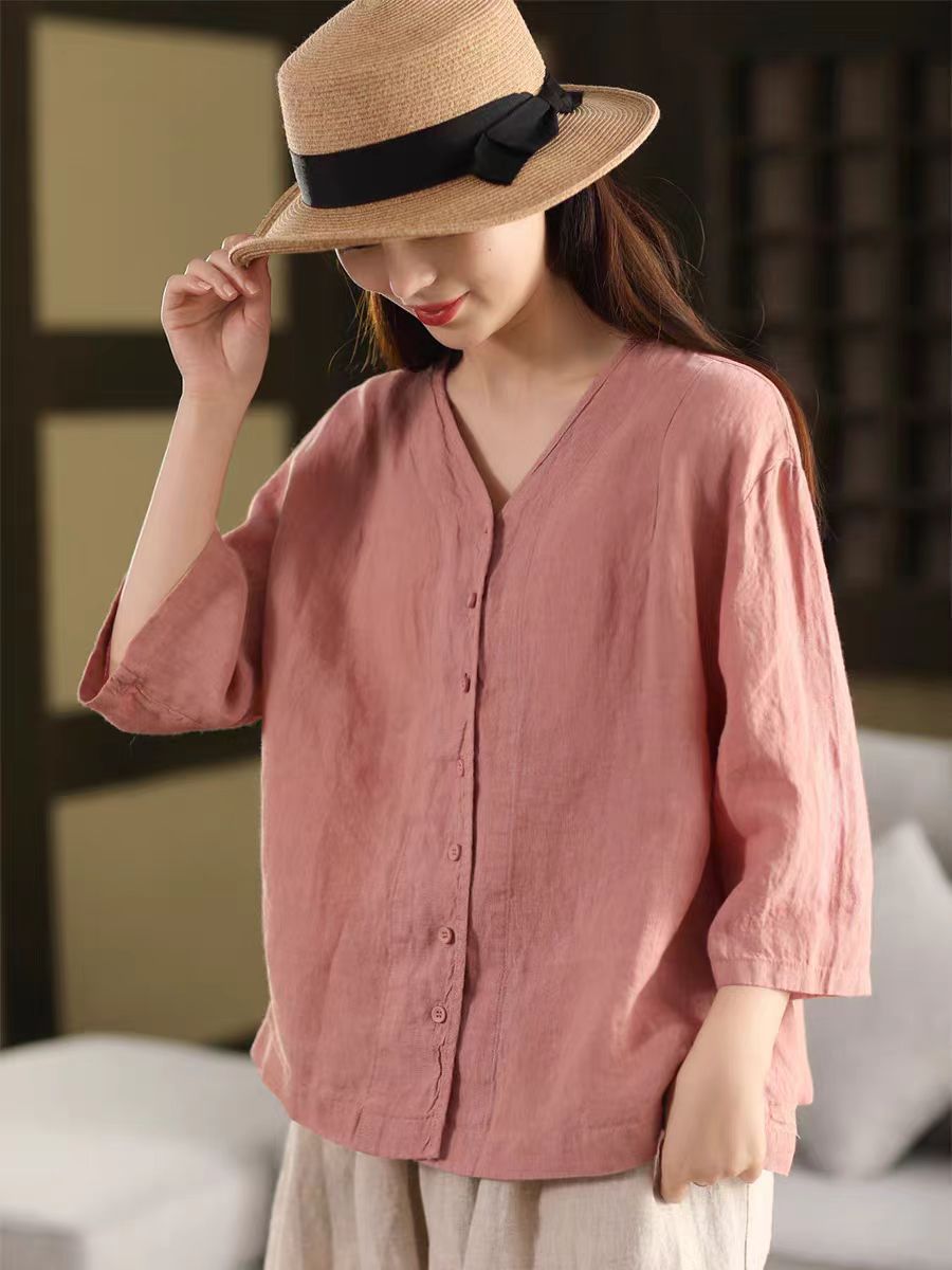 Vintage Thick Linen Blouse Women V-neck Mid-sleeve Single-breasted Open Front Outerwear Top