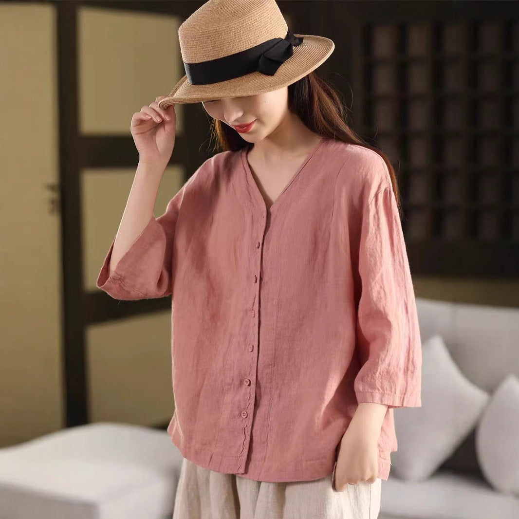 Vintage Thick Linen Blouse Women V-neck Mid-sleeve Single-breasted Open Front Outerwear Top