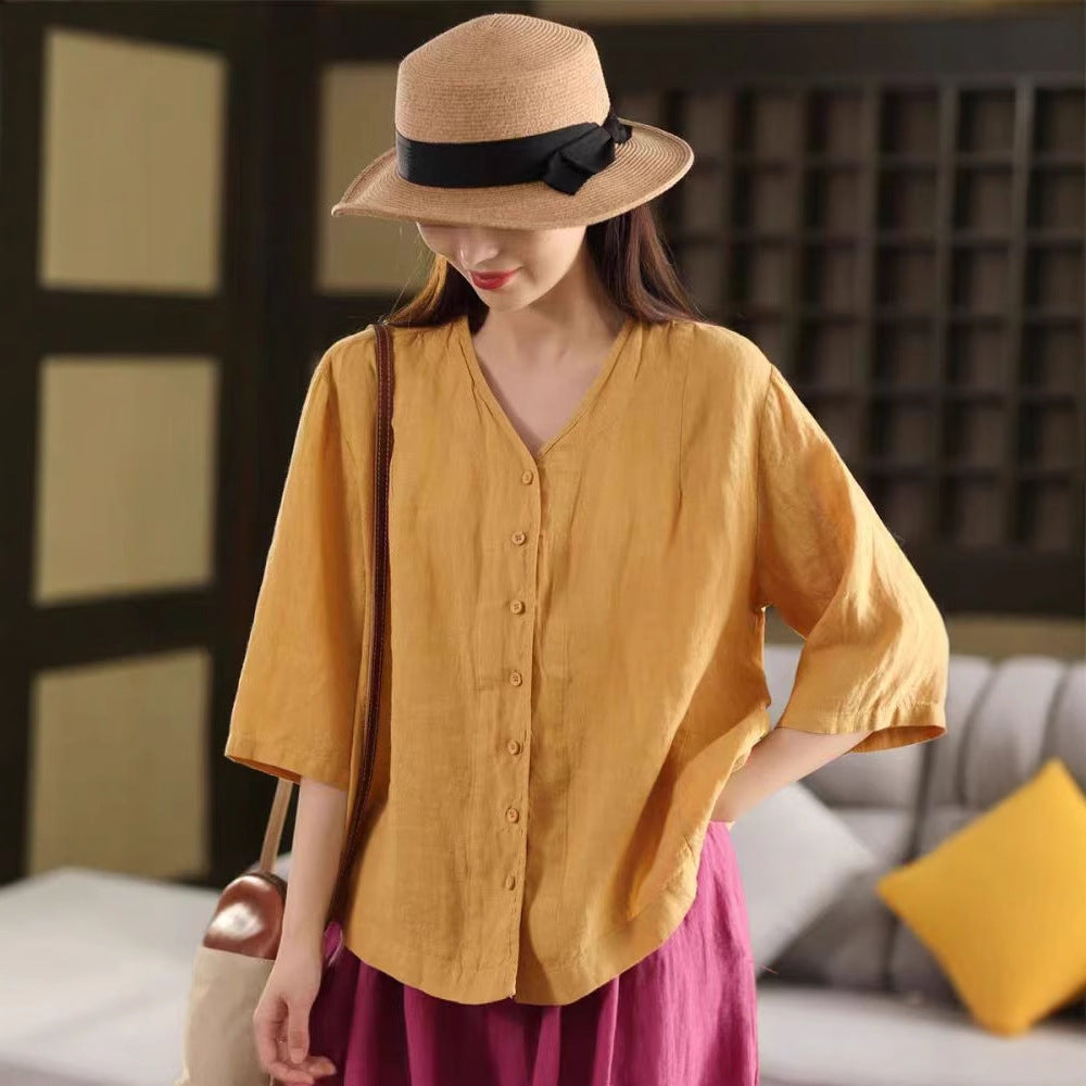 Vintage Thick Linen Blouse Women V-neck Mid-sleeve Single-breasted Open Front Outerwear Top