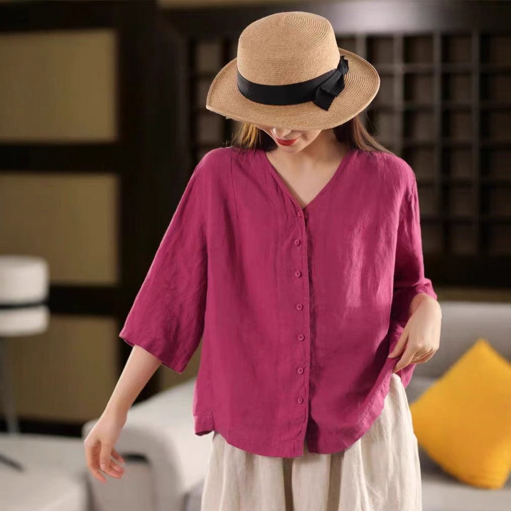 Vintage Thick Linen Blouse Women V-neck Mid-sleeve Single-breasted Open Front Outerwear Top