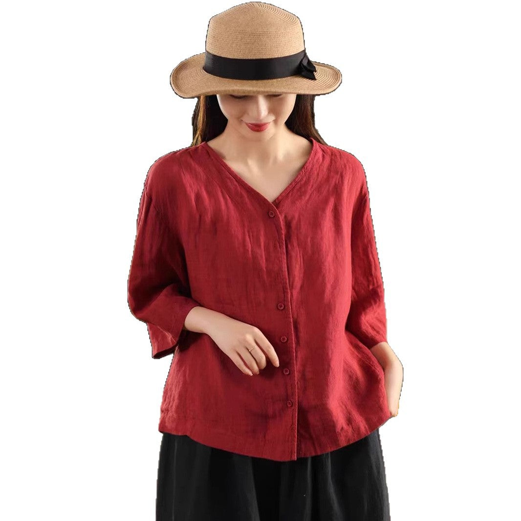 Vintage Thick Linen Blouse Women V-neck Mid-sleeve Single-breasted Open Front Outerwear Top