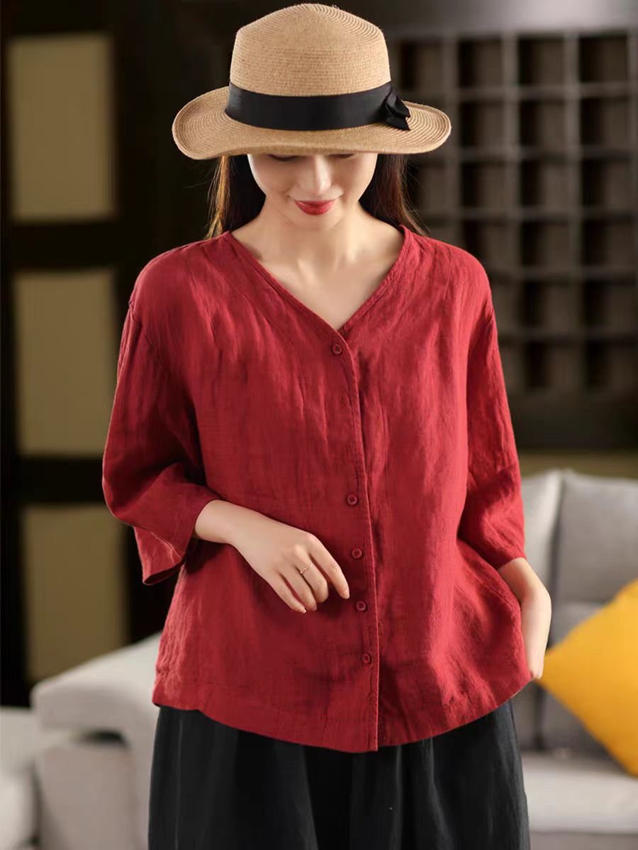 Vintage Thick Linen Blouse Women V-neck Mid-sleeve Single-breasted Open Front Outerwear Top