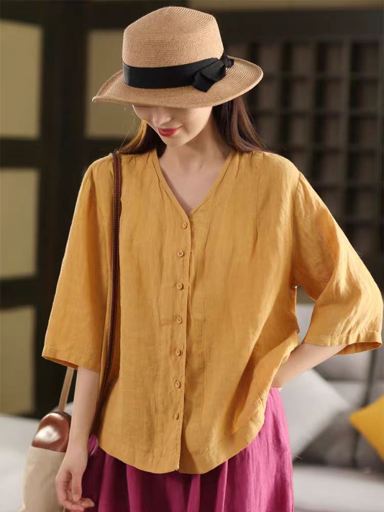 Vintage Thick Linen Blouse Women V-neck Mid-sleeve Single-breasted Open Front Outerwear Top