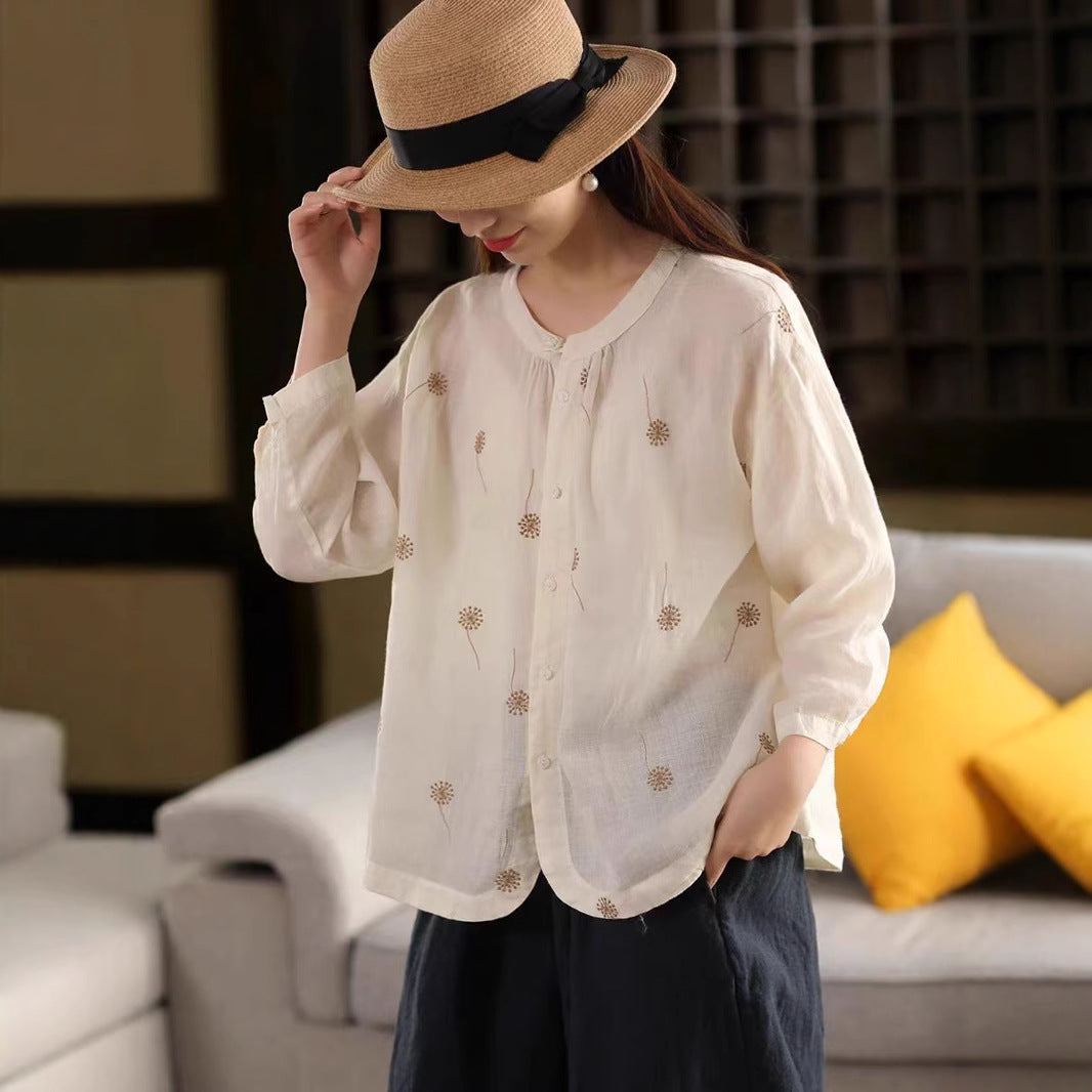 Vintage Button-Down Stand Collar Embroidered Ramie Non-Sheer Shirt Literary Floral Blouse Thin Summer Top
