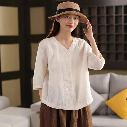 Vintage Thick Linen Blouse Women V-neck Mid-sleeve Single-breasted Open Front Outerwear Top