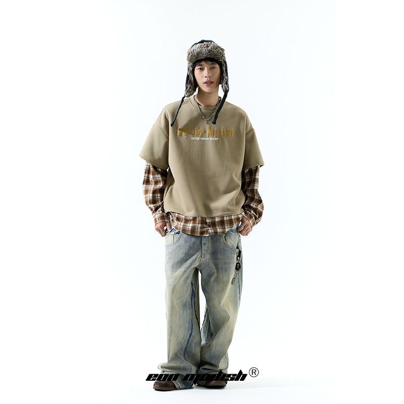 Modish  Street Style Plaid Splicing Fake Two-Piece Loose Hoodie