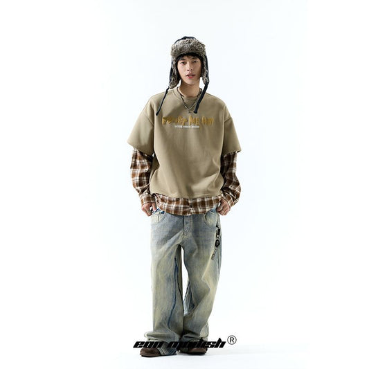 Modish  Street Style Plaid Splicing Fake Two-Piece Loose Hoodie