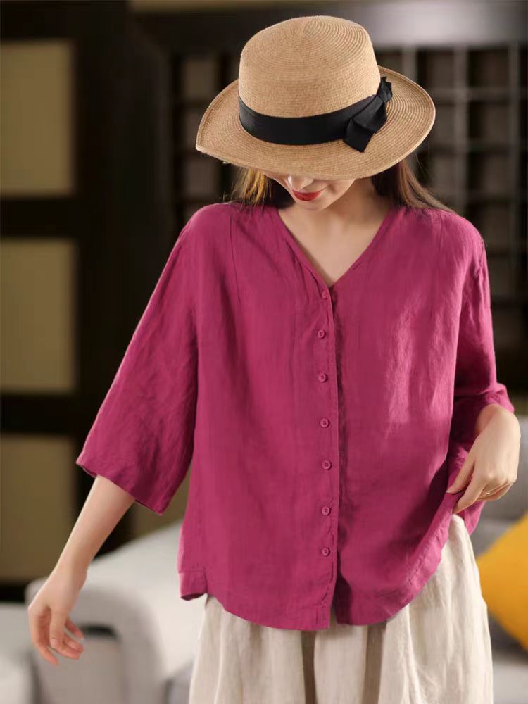 Vintage Thick Linen Blouse Women V-neck Mid-sleeve Single-breasted Open Front Outerwear Top
