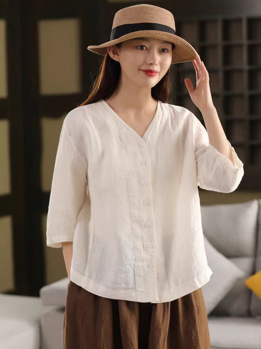 Vintage Thick Linen Blouse Women V-neck Mid-sleeve Single-breasted Open Front Outerwear Top