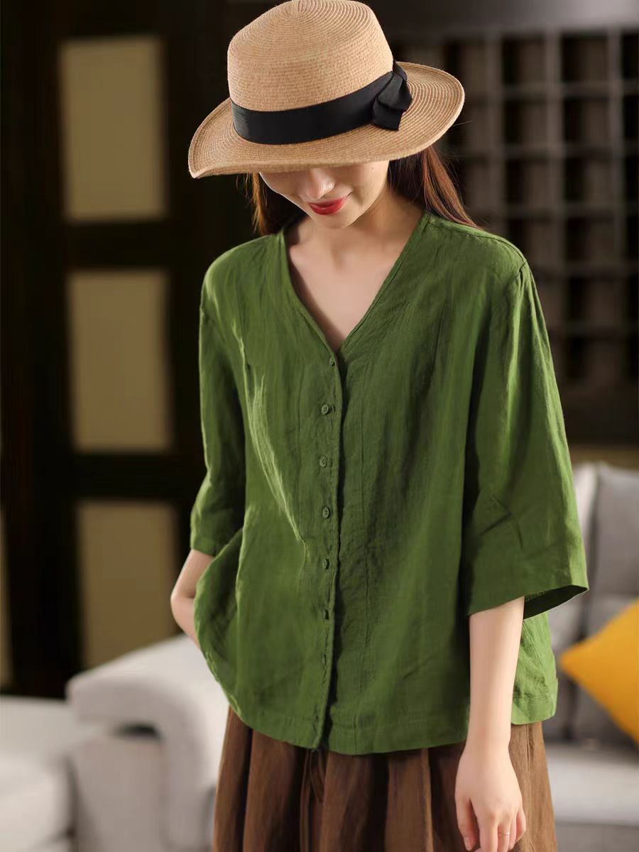 Vintage Thick Linen Blouse Women V-neck Mid-sleeve Single-breasted Open Front Outerwear Top