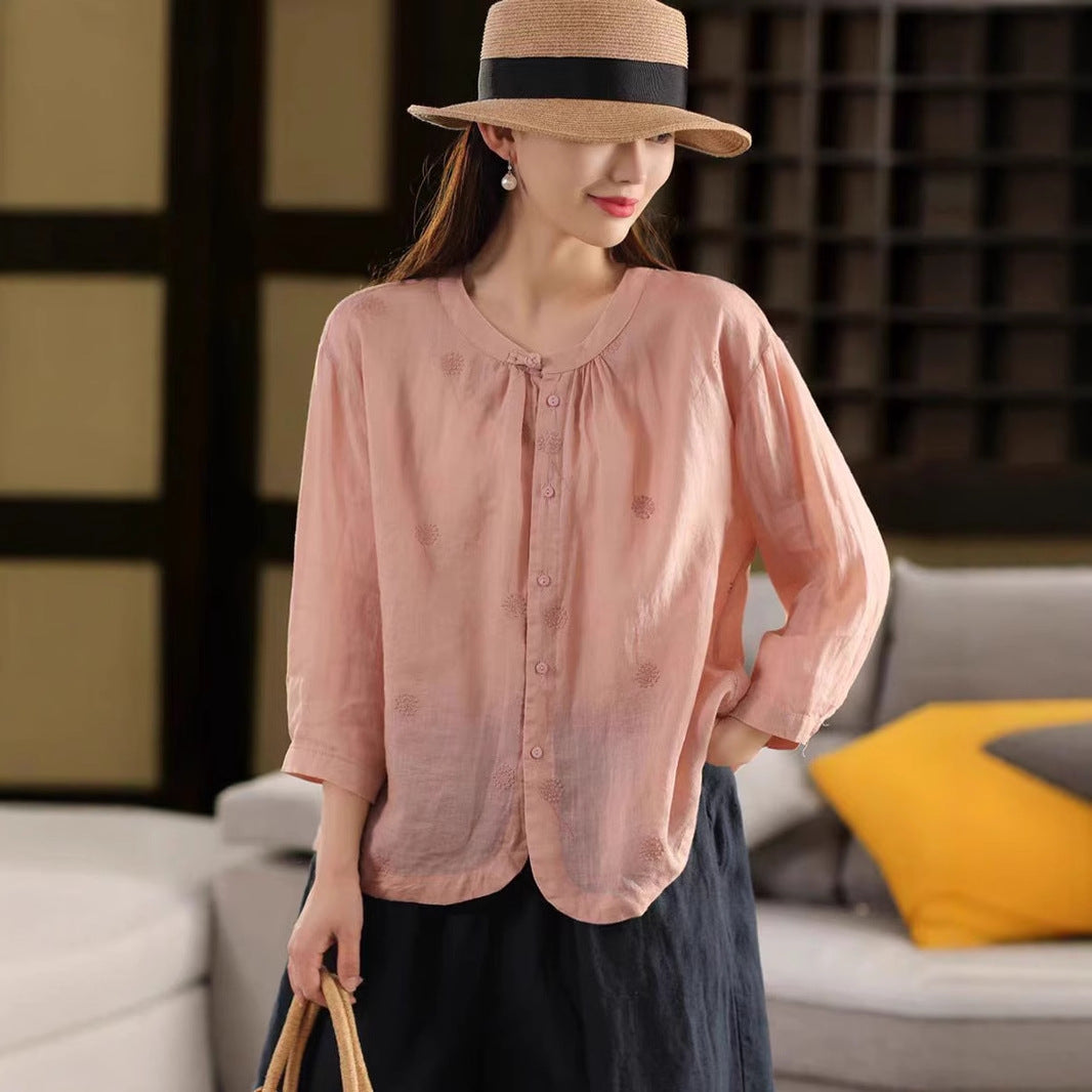 Vintage Button-Down Stand Collar Embroidered Ramie Non-Sheer Shirt Literary Floral Blouse Thin Summer Top