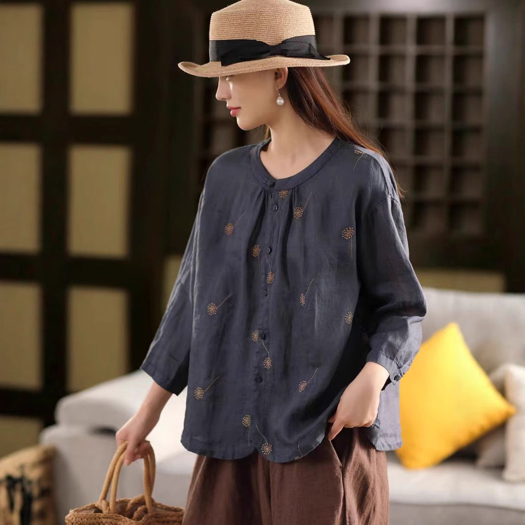 Vintage Button-Down Stand Collar Embroidered Ramie Non-Sheer Shirt Literary Floral Blouse Thin Summer Top