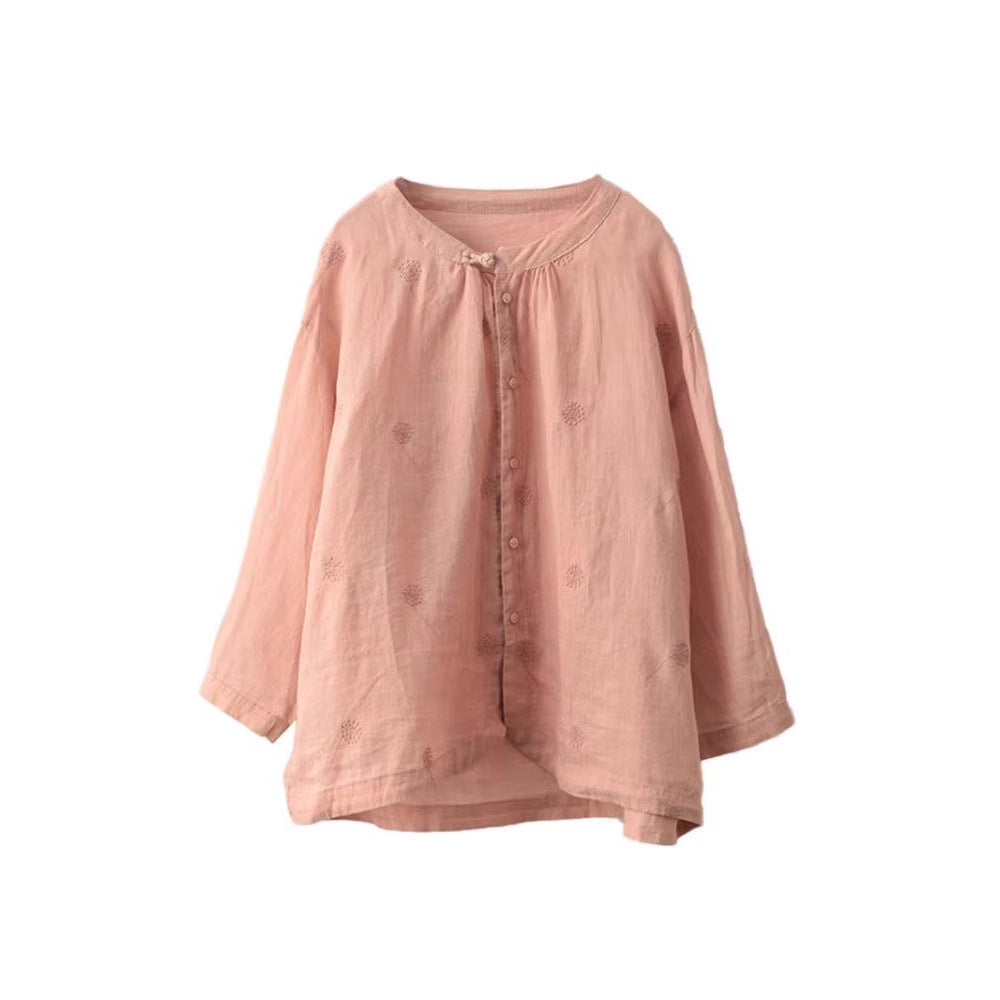 Vintage Button-Down Stand Collar Embroidered Ramie Non-Sheer Shirt Literary Floral Blouse Thin Summer Top