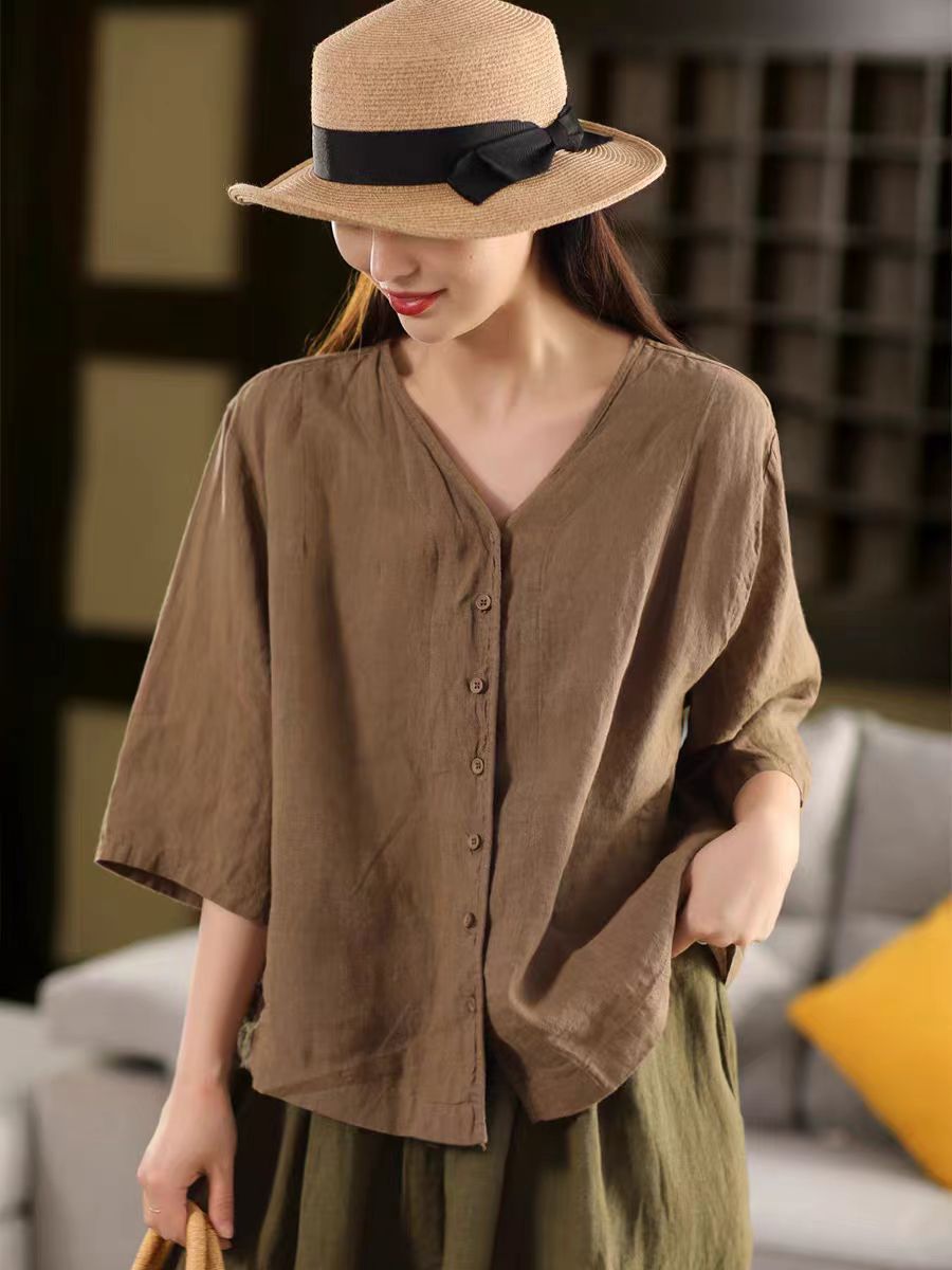 Vintage Thick Linen Blouse Women V-neck Mid-sleeve Single-breasted Open Front Outerwear Top